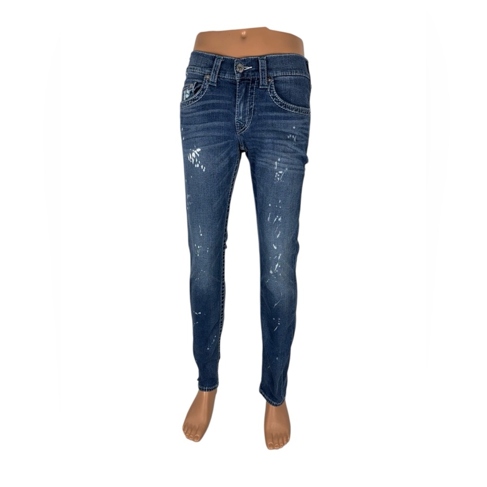 True Religion Men 30 Jeans Skinny No Flap Pockets Blue Contrast Stitch Big T EUC - Picture 2 of 11